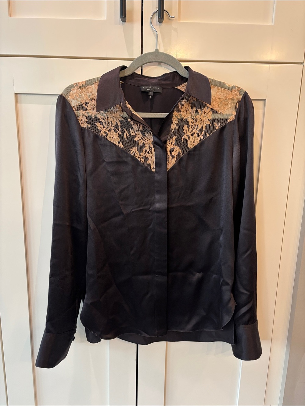 rag & bone Black Satin Shirt Jacket with Beige Lace Yoke